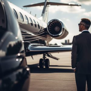 Confident businessman in suit stands next to luxury private jet. Concept of wealth and success. Created with Generative AI